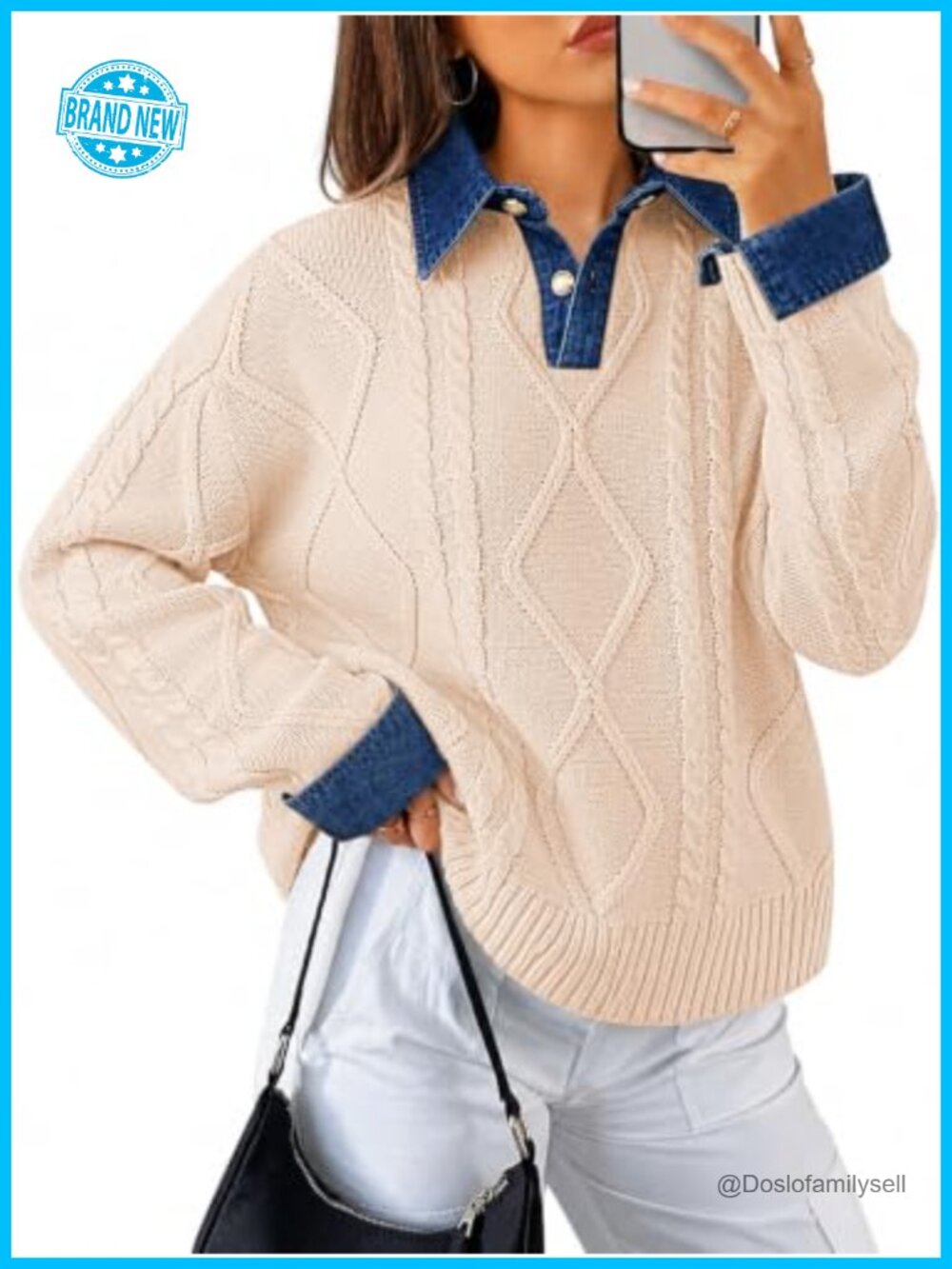 Womens Cable Knit Sweater Denim Polo Pullover Button Up Collared V Neck